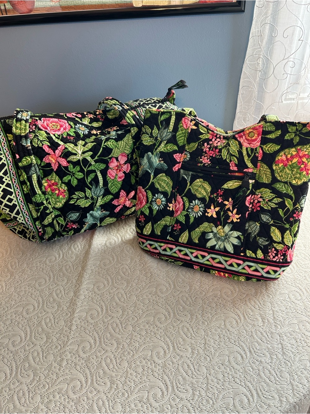 Vera Bradley Quilted Floral Purse and Overnight Barrel Bag in Black and Pink